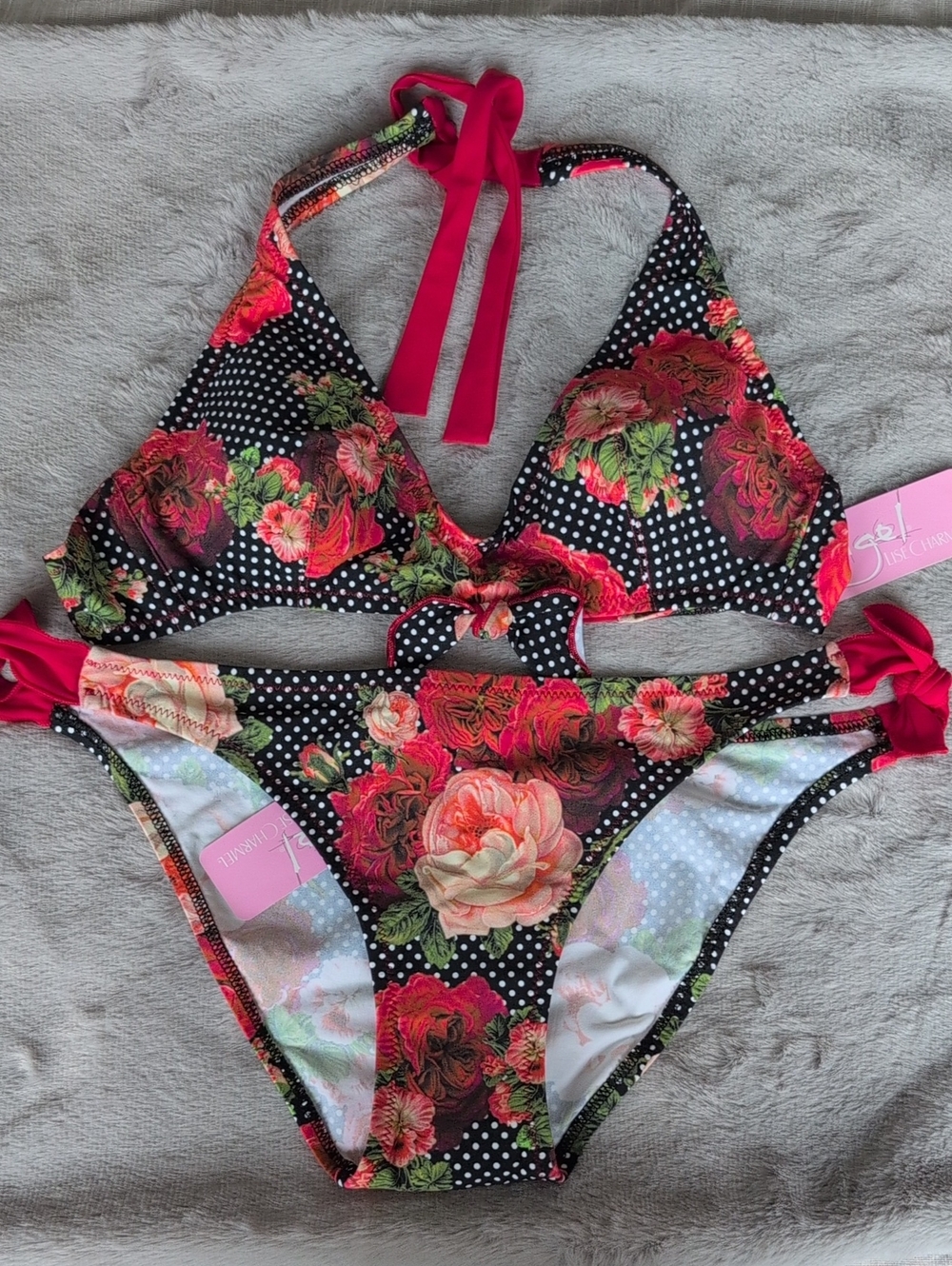 Floral Polka Halter Bikini Set - Red/Black